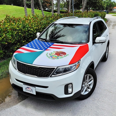 Custom half American and half Mexican car cover flags